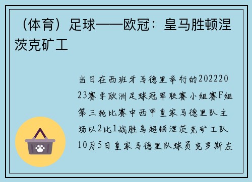（体育）足球——欧冠：皇马胜顿涅茨克矿工